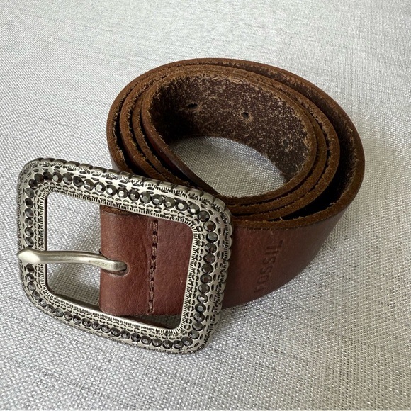 Fossil Beaded Classic Leather Brown Women’s Belt Rhinestone Buckle Size M - Picture 2 of 10